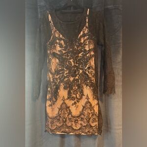 Express Black and Tan Lace Long Sleeve Dress